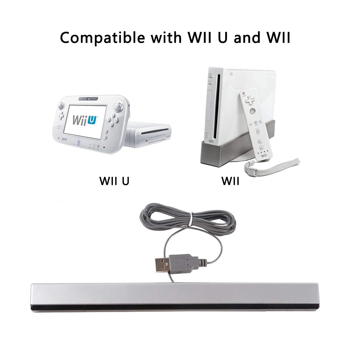 EQINI USB Sensor Bar for Wii, Replacement USB Wired Infrared Ray Sensor Bar for Wii, Wii U, and PC, includes Stand.