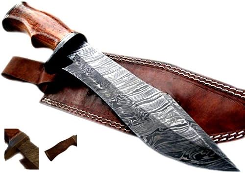 Nescole Bowie Knife- Handmade Damascus Knife- Decorative Knives, Camping Survival Knife, with Exquisite Walnut Wooden Handle, Sharp Blade with Leather Sheath