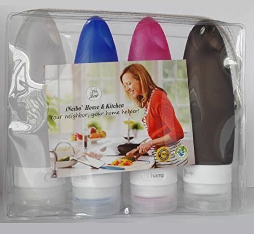 iNeibo 3.3 oz set of 4 Silicone Travel Bottles TSA Airline Carry On Approved Squeezable Refillable Travel Containers For Shampoo, Conditioner, Lotion, Toiletries (4, 3.3oz)