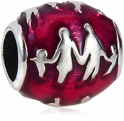Happy Family Charm 925 Sterling Silver Parent and Children Bead with Red Enamel Love Charm for Pandora Charms Bracelet