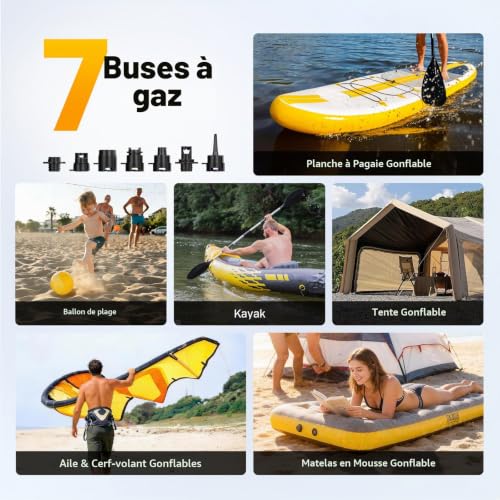 TOPUMP Portable Electric Paddle Pump, 20 PSI Rechargeable Cordless SUP Pump with Auto Shut-off, Double Stage Fast Inflation and Deflation, 7 Nozzles for Kayaks, Boats, Tents
