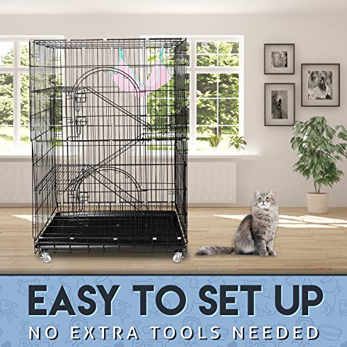 Petsmatig-Wire-Cat-Cage-Spacious-Foldable-Metal-Pet-Crate-Playpen-with-3-Openings-3-Platforms-3-Ladders-1-Hammock-1-Bottom-Tray-4-Wheels-and-Free-Grooming-Gloves