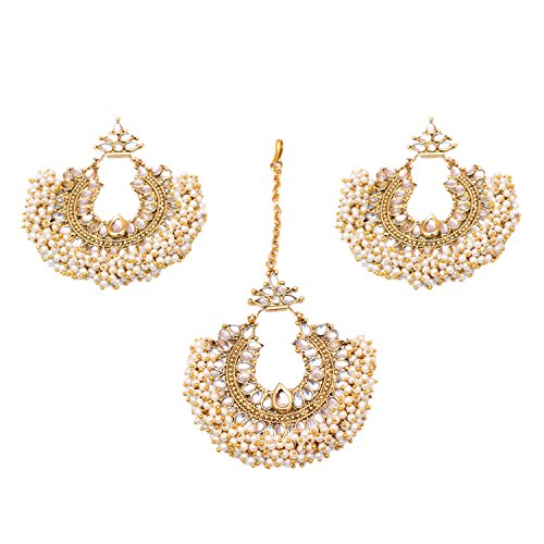 Sanara Designer Indian Ethnic Traditional Style Multicolor Gold Plated Pearl Maang Tikka Pearl Chain Forehead Jewelry (White) Sanara Designer Indian Ethnic Traditional Style Multicolor Gold Plated Pearl Maang Tikka Pearl Chain Forehead Jewelry (White)