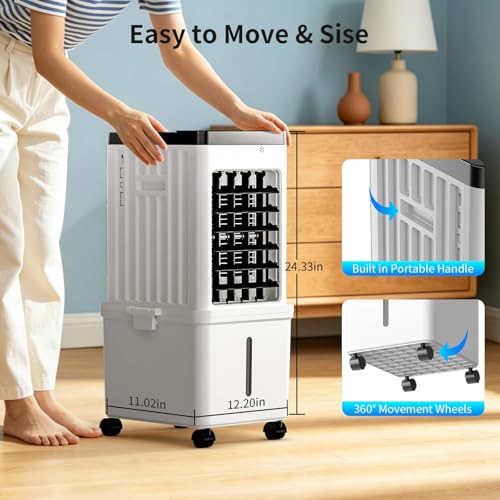 Portable Air Conditioner, Evaporative Air Cooler Fan with 10L Removable Water Tank, 3-in-1 Quiet Cooling with 4 Ice Packs & Timer, Low Noise Swamp Cooler for Home Bedroom Office