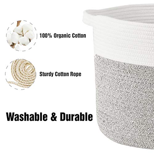 HITSLAM Woven Rope Basket with Handles, Collapsible Laundry Basket, Cotton Storage Basket for Towels Blanket Toys (Gray) - M