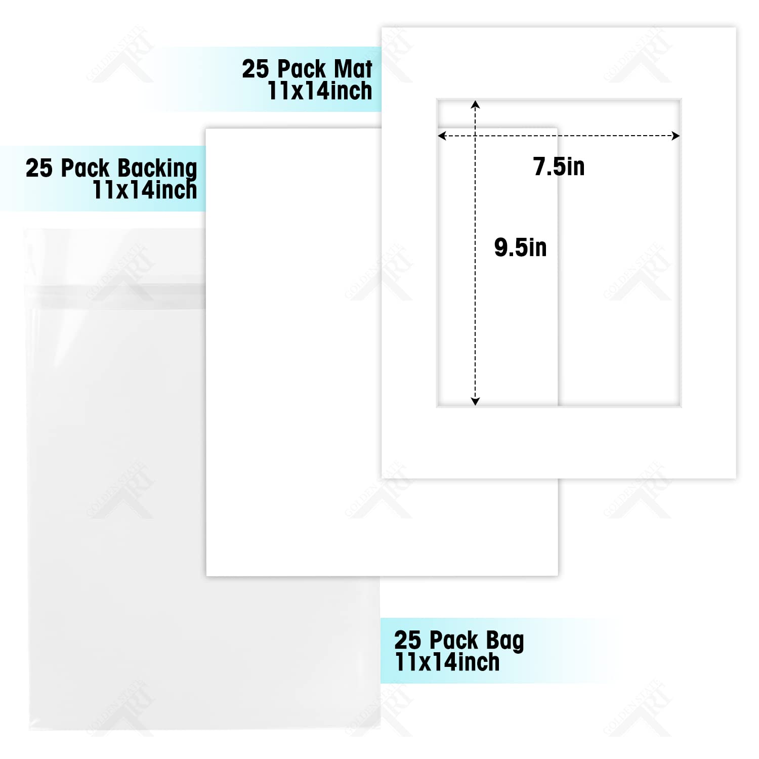 Golden State Art Acid Free, Pack of 25, 11x14 White Picture Mats Mattes with White Core Bevel Cut for 8x10 Photo + Backing + Bags