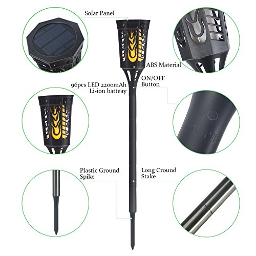 Solar Light Waterproof Flickering Flames Torches Lights 96 LED Flame Lights Flickering Torches for Outdoor security torch light Decoration for Patio Driveway Garden Landscape Path Lighting 2 PACKING