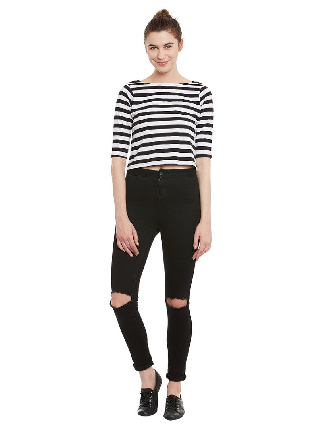 miss chase womens black and white striped crop top