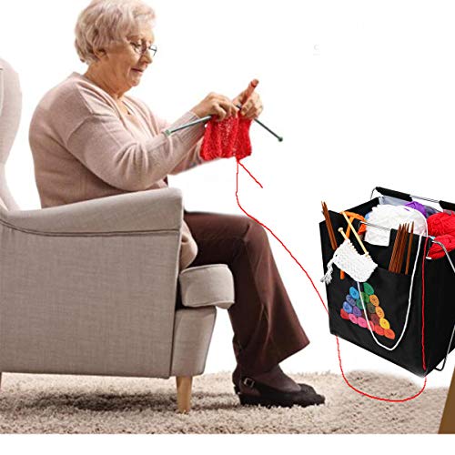 Looen Easy Fold-Up Yarn Bag Arts Caddy Organizer Knitting Project Storage Bag Household Sundries Organization Stainless Steel Folding Basket for Knitting Crochet Sewing (Black)