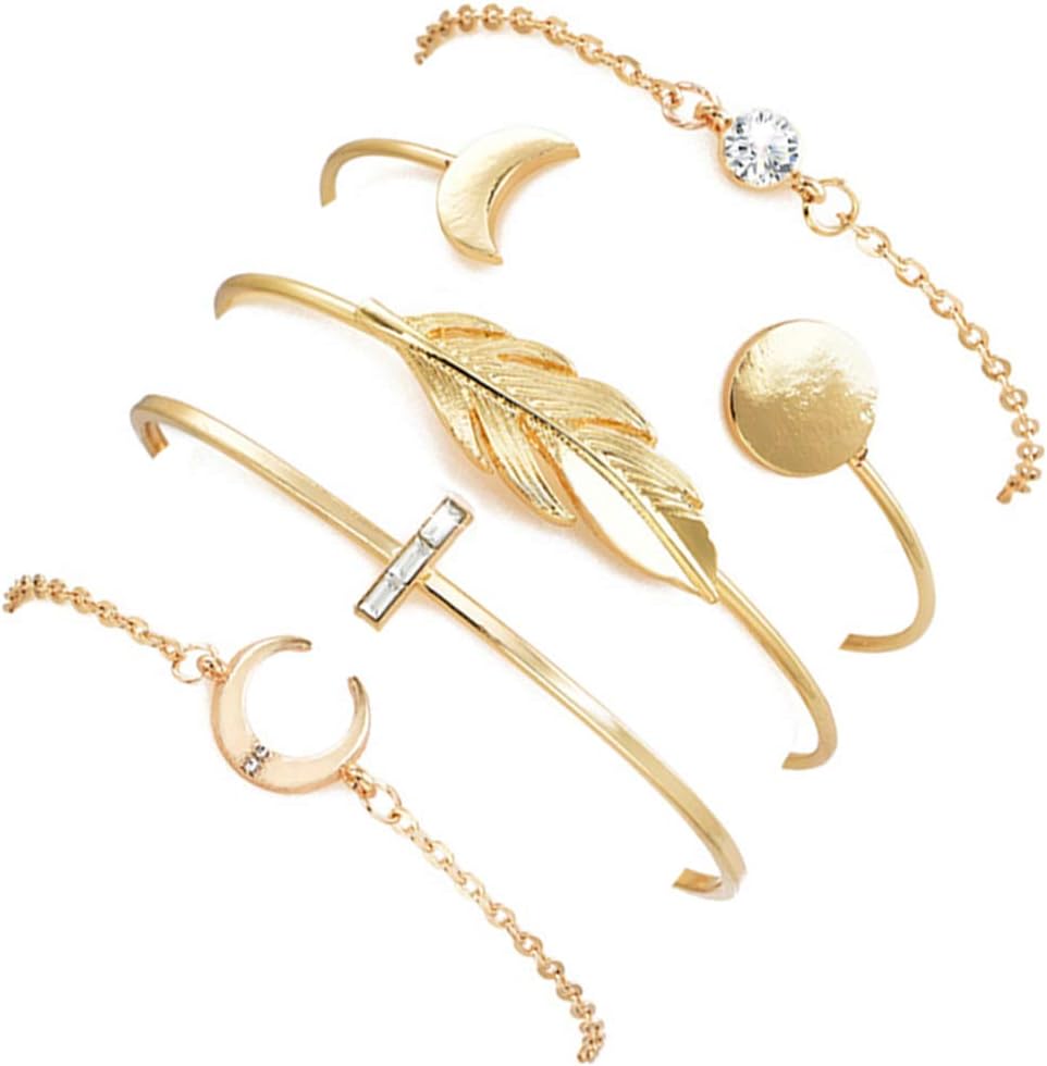5 Pcs Leaf Moon Bracelets Open Cuff Bangle Set for Women G