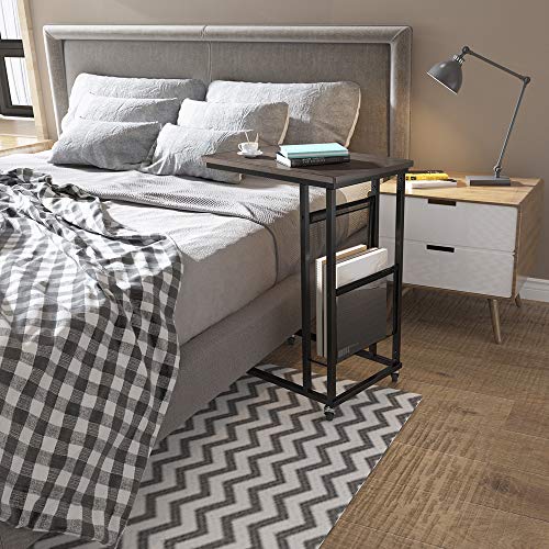 EKNITEY Sofa Side Table,Mobile C Shaped End Table Snack Table with Wheels and Side Pocket for Living Room,Laptop,Bedroom,Coffee,Couch and Small Spaces (Walnut)