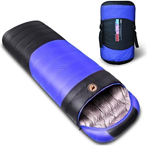 ANGIX Waterproof Duck Down Fill -13°F to 5°F Sleeping Bag, Ultralight Compression for Adults, Camping, Backpacking, Hiking (Blue, Left zip -13°F to 5°F)