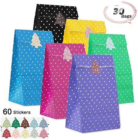 Hommie Christmas Gift Bags Dot Paper Goody Bag for Kids Birthday Tea Party Baby Shower Outdoor Party Favor Give Away Supplies - 30 Bags with 60 Christmas Tree Stickers