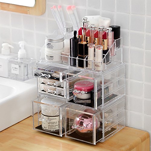 Sooyee Stackable Clear Makeup Organizer, 4 Pieces Acrylic Jewelry and Cosmetic Storage Display Boxes with 10 Drawers 8 Tier