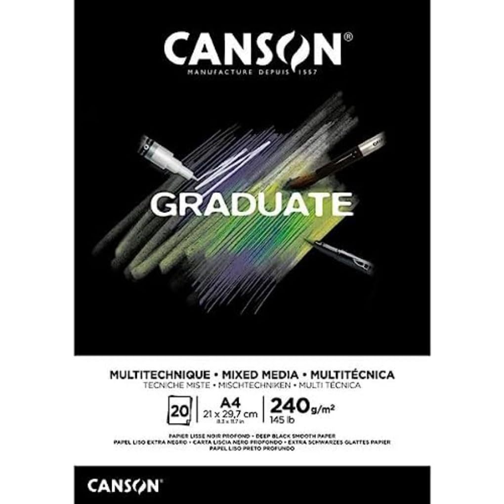 CANSON Graduate Mixed Media Black Paper Pad A4, 240gsm 20 Sheets, Lettering, Illustration & Drawing, for Student Artists