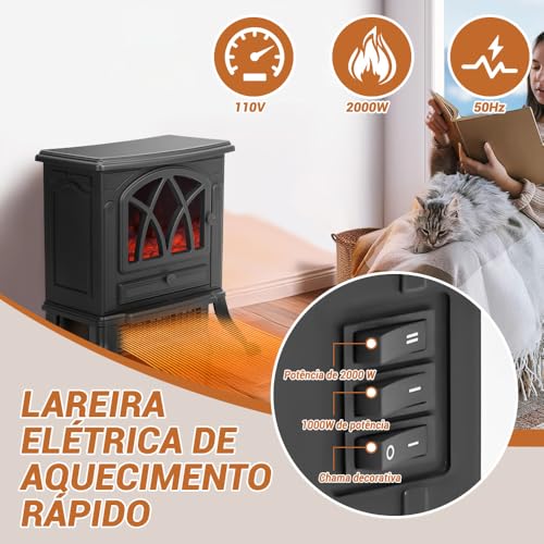 110V, 2000W, Design de Três Interruptores, Efeito de Vermelho de Chama 3D, Aquecedor Lareira Retrô, Aquecedor Eletrico Lareira