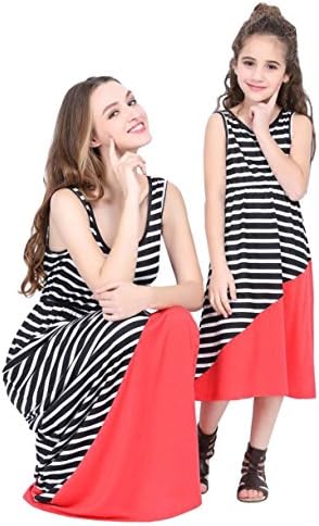 Renkindge Stripe Pattern Mother and Daughter Dresses Summer Cotton Lace Mommy and Me Sleeveless Beach Dresses for Women Girls (Mom, S)