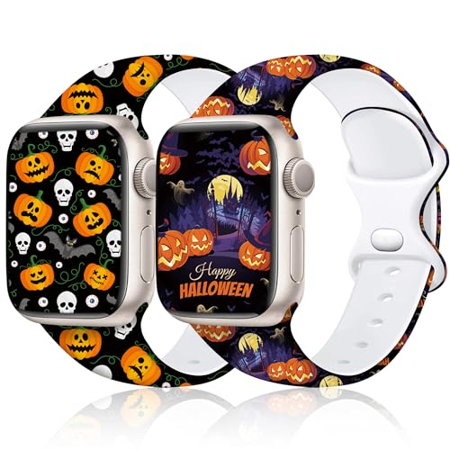 Aniaboho 2 Pack Halloween Apple Watch Bands Compatible with Apple Watch Series 10 9 8 SE 7 6 5 4 3 2 1 Ultra 2 1, Halloween iWatch Bands for Women Men, Holiday Apple Watch Band for Apple Watch 46mm 45mm 44mm 49mm 42mm (Pumpkin Party)