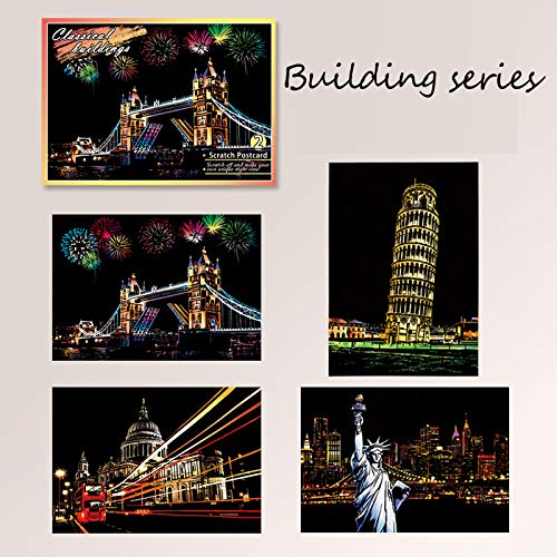 Scratch Art Paper(7.9"x 5.5") for Kids & Adults, Mini Scratch Off Art Night View Scratchboard, Painting Gift, Craft Kits : 2 Sheets Scratch Cards & Drawing Pen, Clean Brush (Building&City)