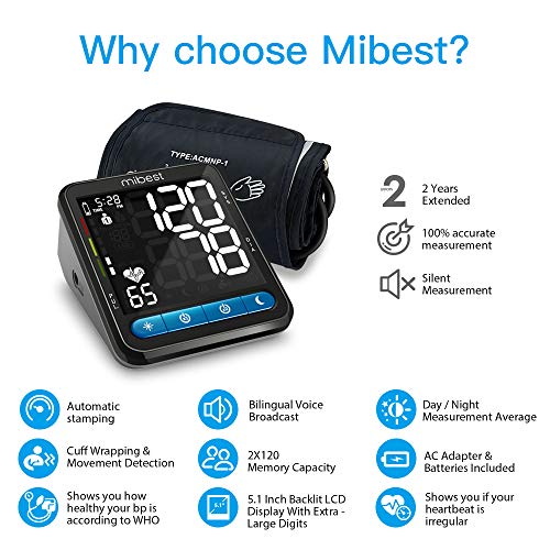 MIBEST Blood Pressure Monitor with Talking Function - Talking Blood Pressure Cuff with Large Display - 8.7-16.5" BP Monitor Machine - 240 Memory - Blood Pressure Kit with Batteries Adapter Included
