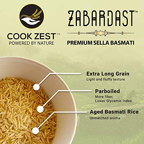 Cook Zest ZABARDAST Parboiled Golden Sella Basmati Rice (Premium Extra Long Grain | 10 Lb Bag) - Gluten Free, All-natural Gourmet Rice