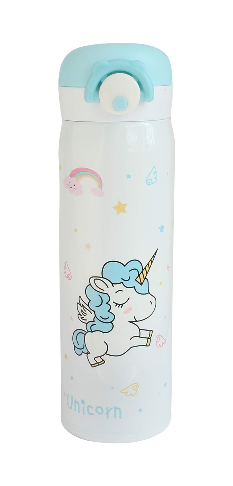 Emartbuy 500 ml Leakproof Fliptop Spring Opening Unicorn Stainless Steel Vacuum Insulated Hot & Cold Flask Water Bottle Kids Cute Cool - White