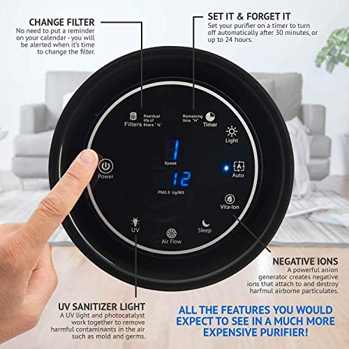 SilverOnyx Air Purifier for Home Large Room with True HEPA Filter, Air Quality Monitor, UVC Sanitizer, Ionizer, Home Air Cleaner for Allergies, Pets, Smoke, Dust, Mold. Carbon Filter 500 sq ft. Black
