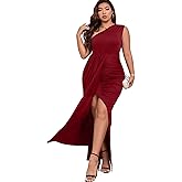 PYL Plus Size Sexy High Split One Shoulder Bodycon, Women's Maxi Dresses Ruched Cutout Dress for Cocktail Party
