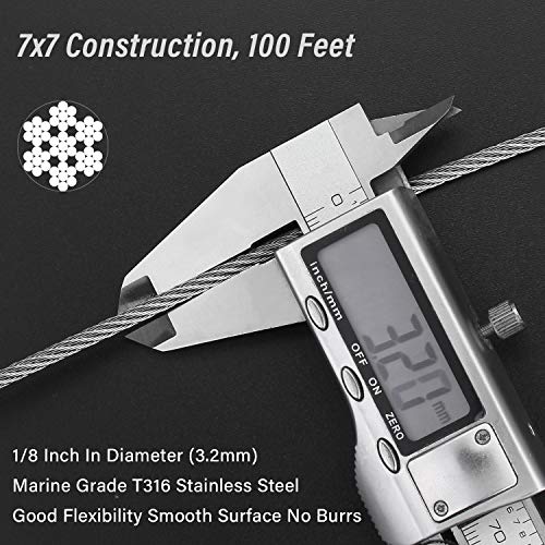 Favordrory 1/8 Inch T316 Marin Grade Stainless Steel Aircraft Wire Rope Cable for Railing, Decking, DIY Balustrade, 7x7 Construction, 100 Feet