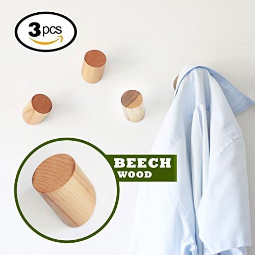 Duruthien Wood Wall Hook, Coat Hooks, 3 Pcs, Handmade Craft Hat Rack, Wall Mounted, Lab, (Natural Beech Wood)