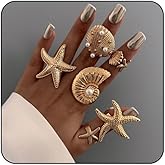 MIFYNN Chunky Gold Starfish Seashel Ring for Women Dainty Conch Pearl Ring Set Boho Ocean Stackable Rings Fashion Adjustable Beach Statement Rings Set Summer Charm Jewelry for Women