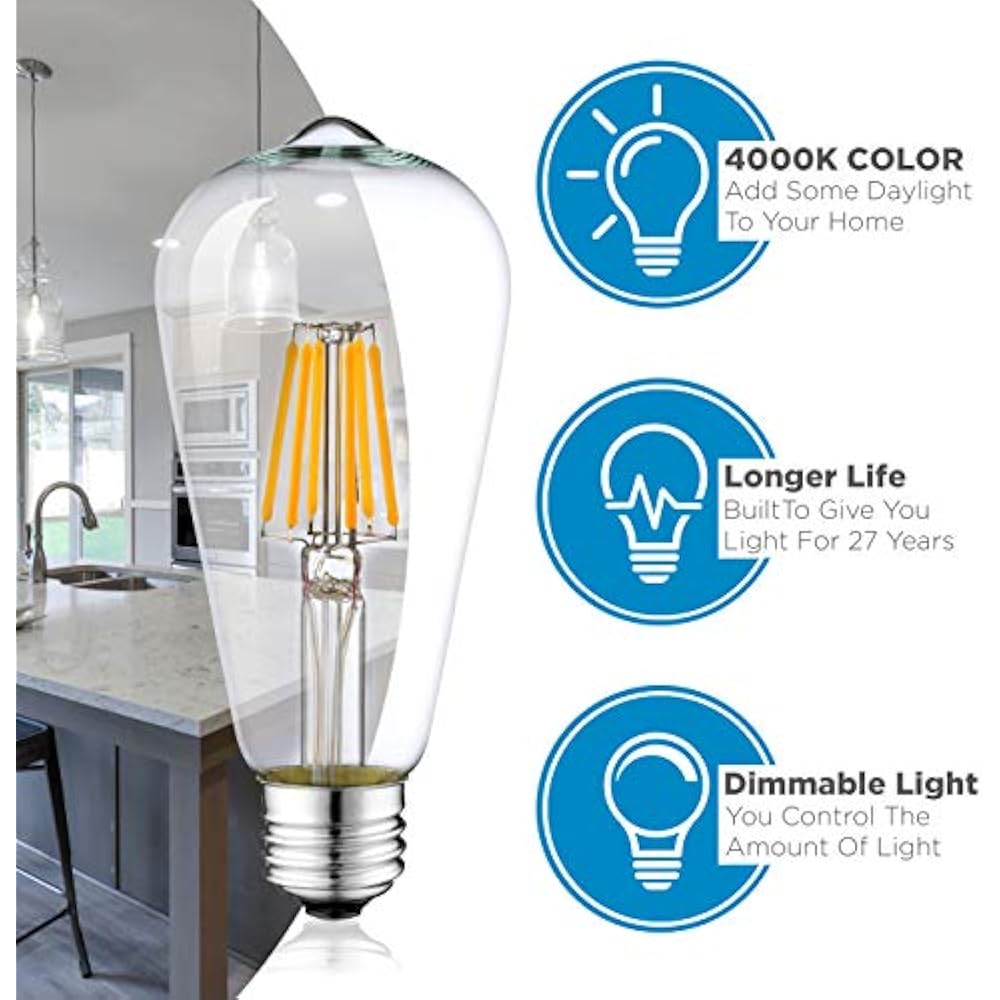 Dimmable LED Edison Light Bulbs 6 Watt, 4000K Daylight White Lightbulbs