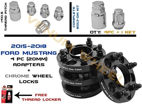 4 Pc 2015-2018 Ford Mustang 20mm Thick Wheel Spacers Adapters Hub Centric 70.5 H.B + 14x1.5 Chrome Wheel Lock Kit