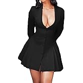 CORIRESHA Women's Elegant Deep V-Neck Long Sleeve Button Pleated Mini Blazer Dress