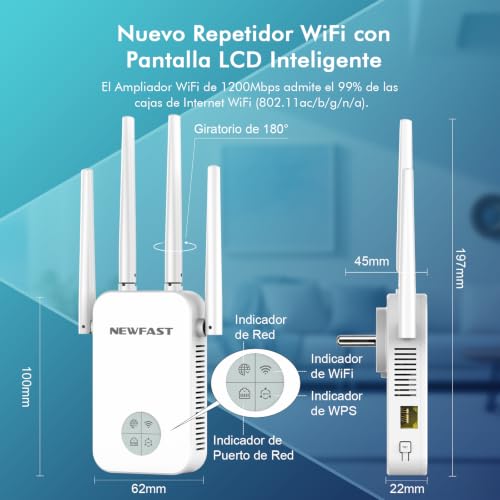 NEWFAST WiFi Signal Amplifier, AC1200 Dual Band WiFi Repeater (White) | 5GHz and 2.4GHz Wi-Fi Extender with WPS Button, Ethernet Port, 4 Antenna, Smart Display, for Home/Office