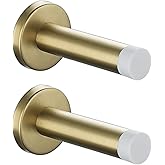 JQK Door Stopper Gold, 304 Stainless Steel Thicken 1mm Sound Dampening Door Stop Bumper Wall Protetor 2 Pack, Brushed Gold Black Tip, DSB5-WG-P2