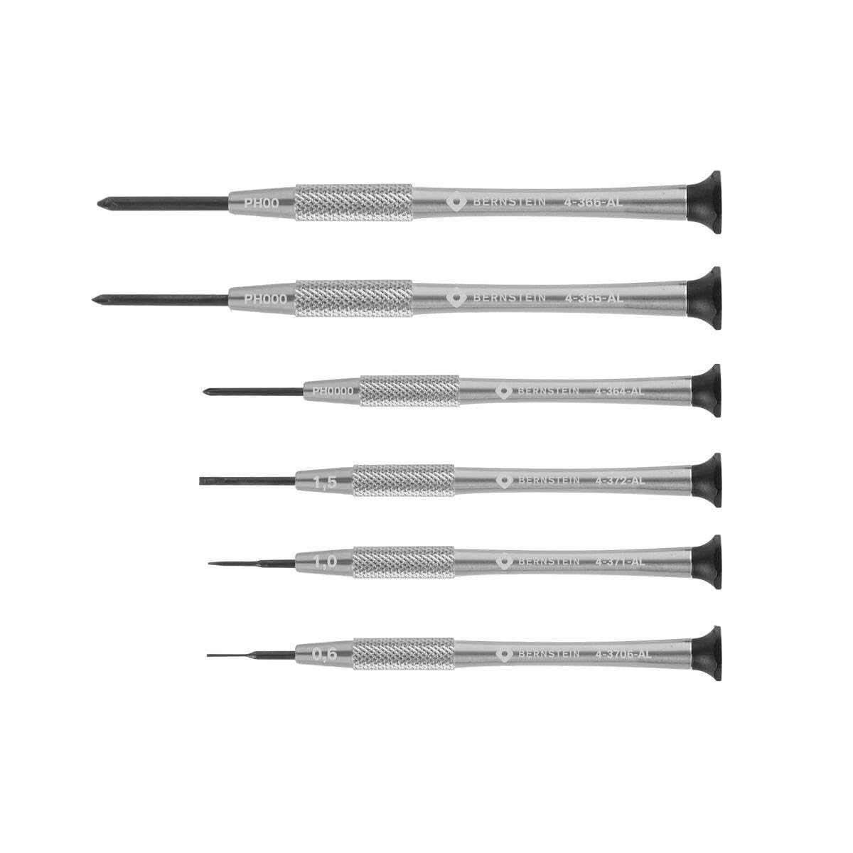 Bernstein Watchmaker's Micro Screwdriver Set 6-Piece Slotted 0.6/1.0/1.5 mm & Phillips PH0000 / PH000 / PH000, Watchmaker Tool Set, for Watches, Glasses, Repair, Made in Germany
