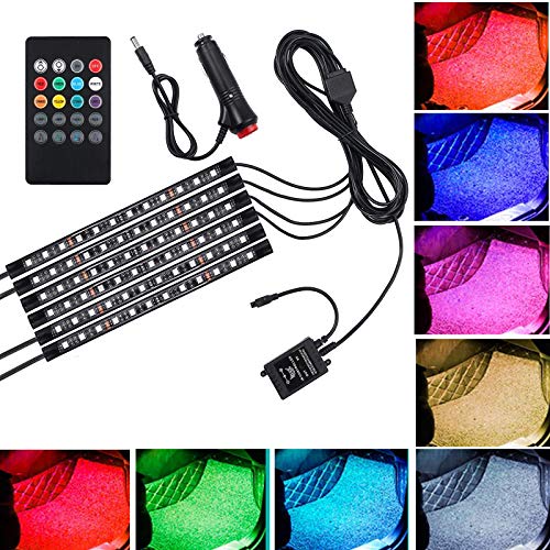 Justech 6PCS 72LEDs Strip Lights Car Interior Lights Footwell Lights Dimmable Ambient Lighting 12V RGB SMD Car Mood Lights Waterproof With Wireless Music Control and Cigarette Lighter