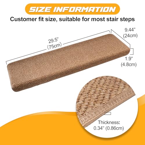 Hopeviva Bullnose Carpet Sisal Stair Treads | Set of 14 | Stair Treads for Wooden Steps Indoor Anti Slip Braided Staircase Protector Pet Friendly Rugs Covers Washable 9.44" X 29.5"x 1.9",Golden | Set of 14 Anti Slip Indoor Staircase Protector Rugs Covers, Polypropylene Braided Carpet Treads 9.44" x 29.5"x 1.9", Golden