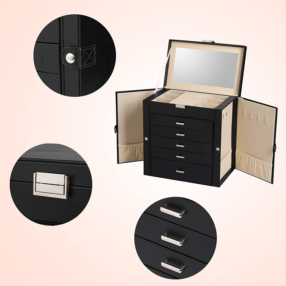 Frebeauty Frebeauty Large Jewelry Box,6-Tier PU Leather Jewelry Organizer,Multi-functional Storage Case with Mirror,Accessories Holder with 5 Drawers for Necklace Bracelets Watches(Black)