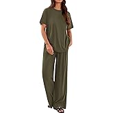 PRETTYGARDEN Spring Lounge Sets for Women 2 Piece Short Sleeve Crewneck Cute Tops and Wide Leg Pants with Pockets Pj Set