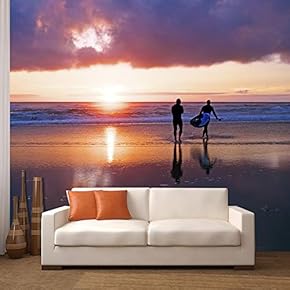 Surferrs at The Ocean at Sunset in Portugal - Removable Wall Mural | Self-Adhesive Large Wallpaper - 66x96 inches