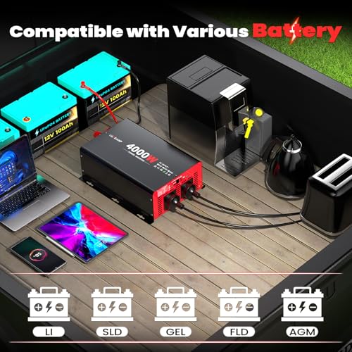 4000W DC 12V to AC 230V Car Power Inverter with 2 AC Outputs, 30W Type-C Port, 3.1A USB Port and LCD Display Remote Control Truck Power Converter