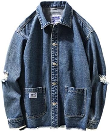 CandiyeMen Candiye Mens' Ripped Hole Pockets Button Down Novelty Cowboy -Fit Jacket Overcoat Dark Blue L