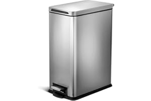 Home Zone Living 8 Gallon Slim Kitchen Trash Can with Soft Close Lid, Step Pedal, Bag Tuck Band, and Removable Liner, Stainless Steel, Silver