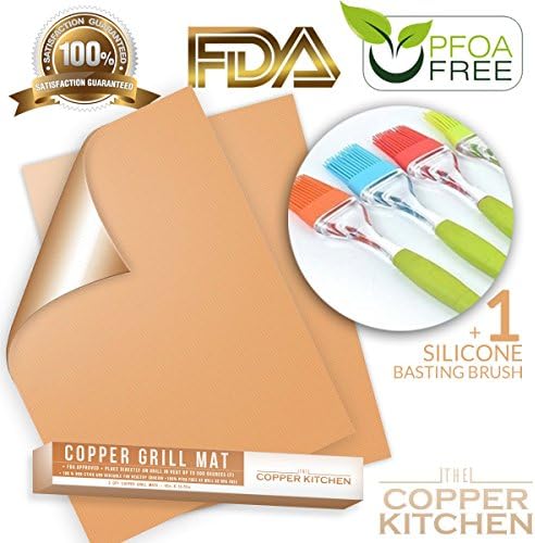 The Copper Kitchen Copper Grill Mat Set of 2 + Basting Brush - 100% Non-Stick BBQ Grill Mat Gold - Easy to Clean and Reusable
