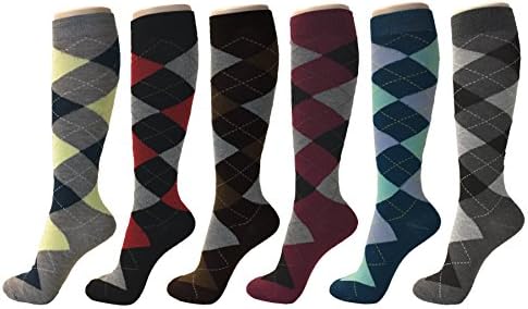 Women's 6 Pairs Fancy Print Design Multi Color Patterned Knee High Socks (One Size, SCK01 Argyle 1)