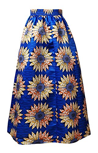 Novia's Choice Women African Floral Print Pleated High Waist Maxi Skirt Casual A Line Skirt(Blue Flower)