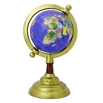 Aone India World Globe with Golden Base Educational Learning Rotating Desktop Globe - Perfect for Kids, Geography Students, Teachers and More - Blue - 4 Inches