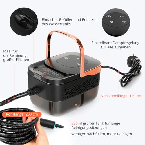 Nettoyeur Vapeur à Main 2500 W – 4 Bars, Chauffe en 15 s, Vapeur à 105°C pour Désinfection, Réservoir 1250 ml, 6 Niveaux de Puissance pour Cuisine, Salle de Bain, Voiture et Carrelag (23 Accessoires)